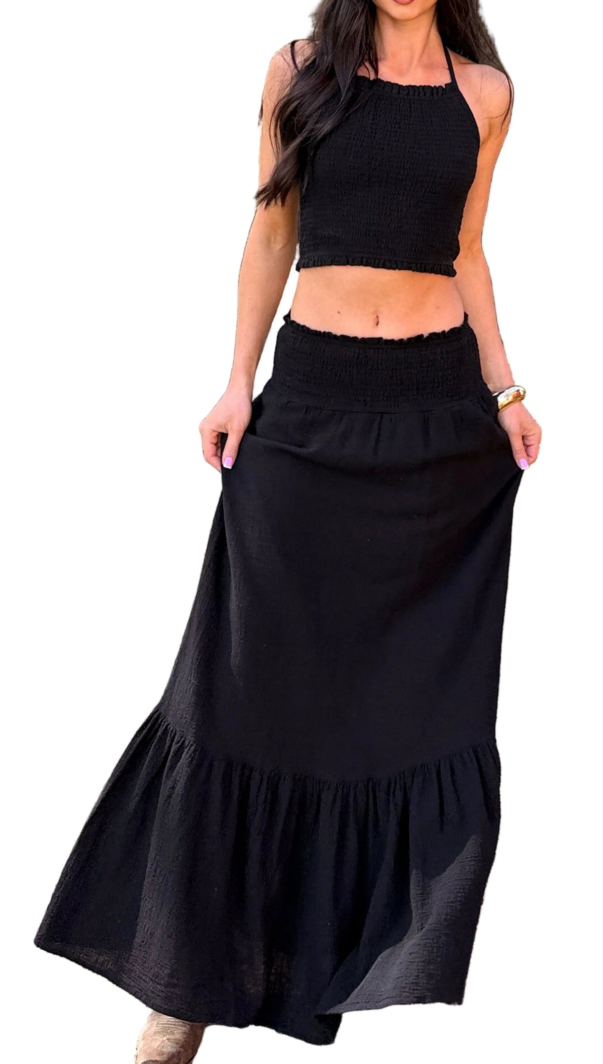 Made For Sunshine Halter Top And Maxi Skirt Set (Black)