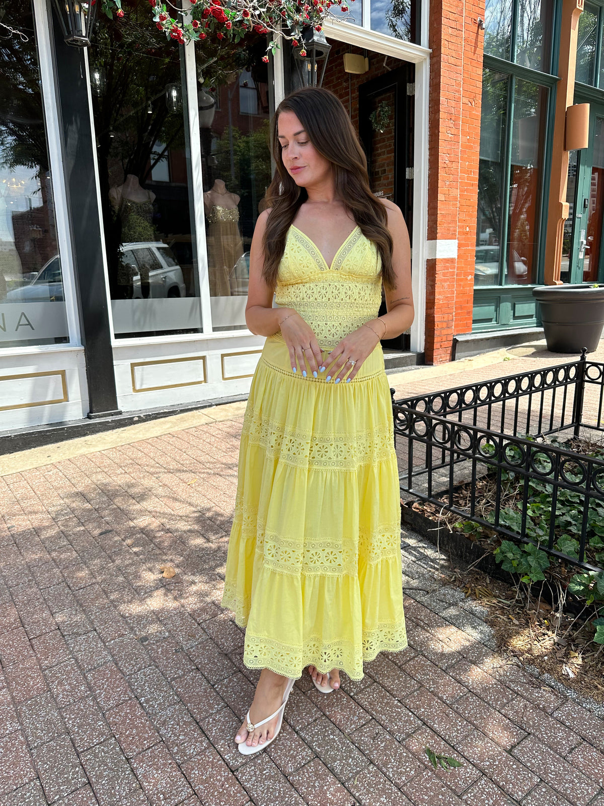 Maisey Yellow Tiered Eyelet Maxi Dress