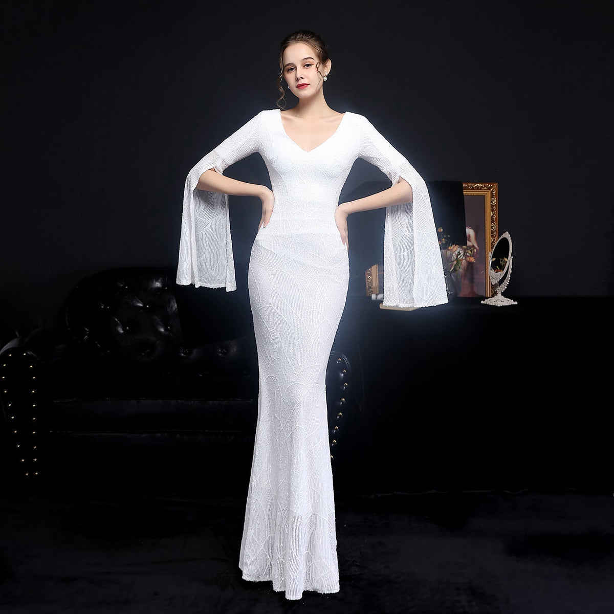 Natalie Open Sleeve Formal Sequined Mermaid Dress