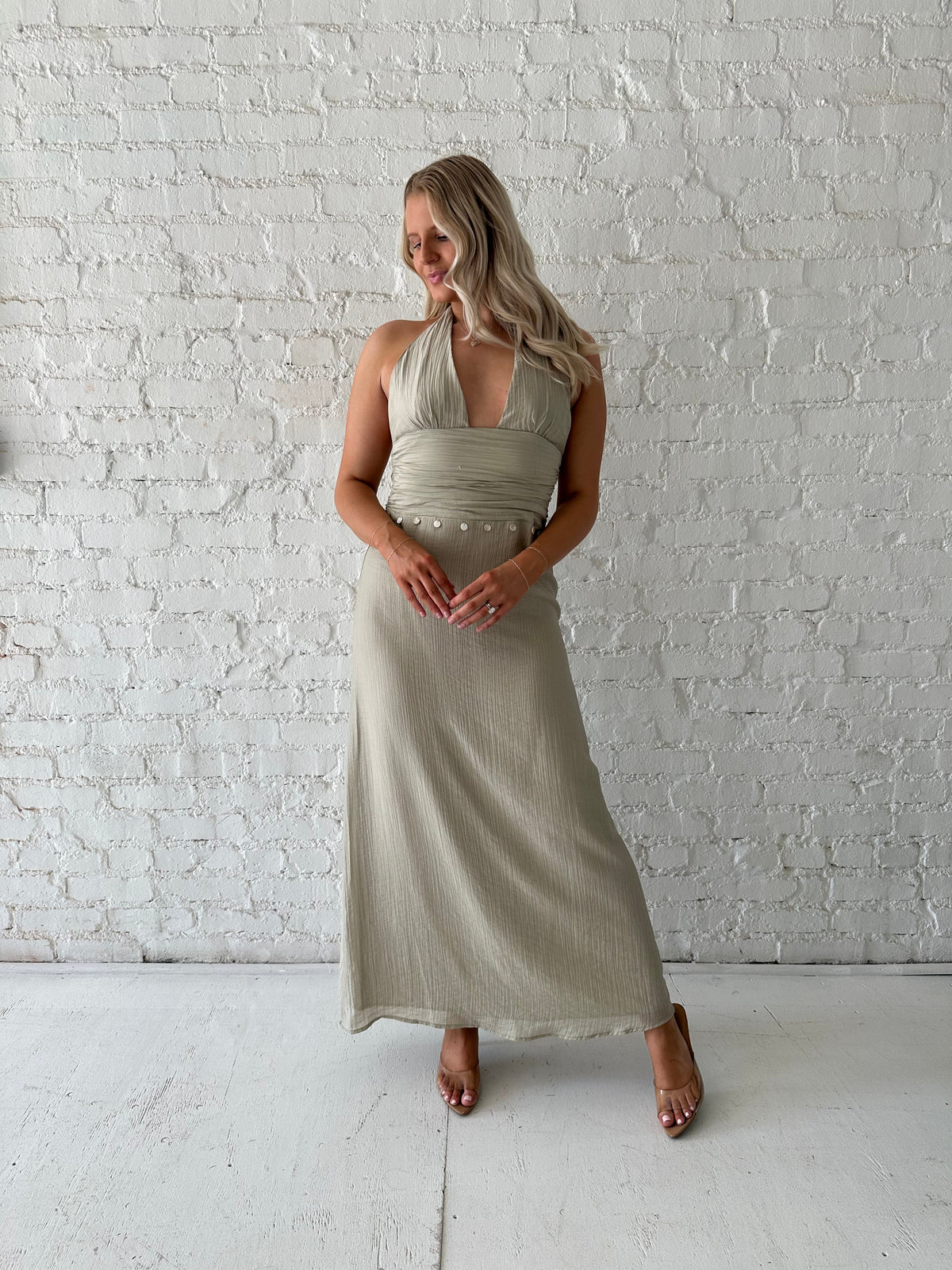 Nyla Khaki Shell Trim Maxi Dress