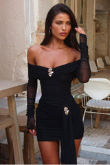 Off-Shoulder Metal Decorations Long Sleeve Mini Dress