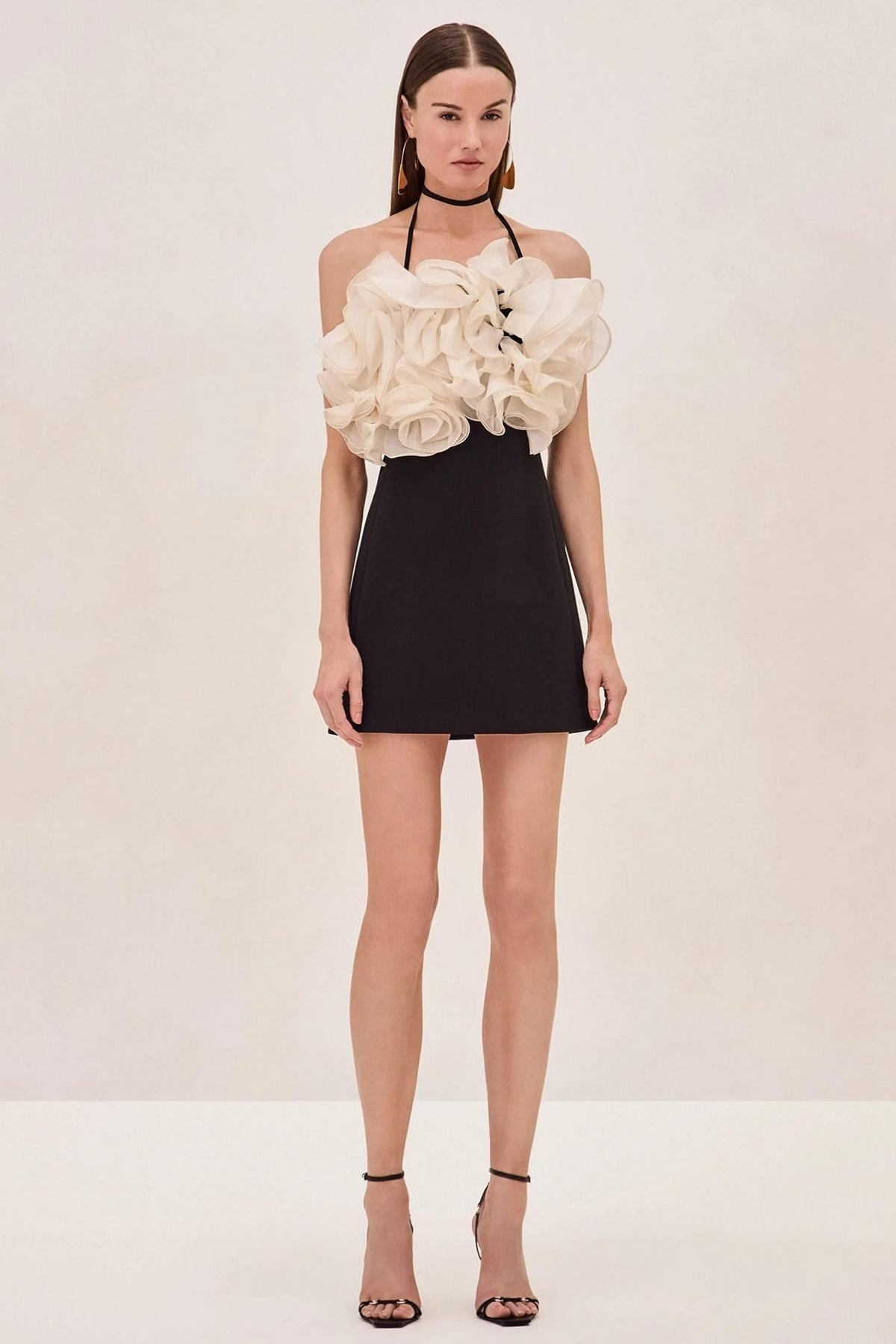 Contrast Color Ruffle Halter Neck Mini Dress