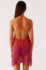 Chiffon Gradient Color Shell Decorations Halter Neck Mini Dress