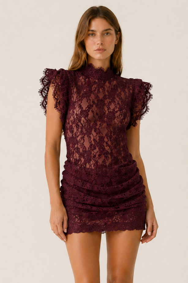 Lace Flutter Sleeve High Neck Mini Dress