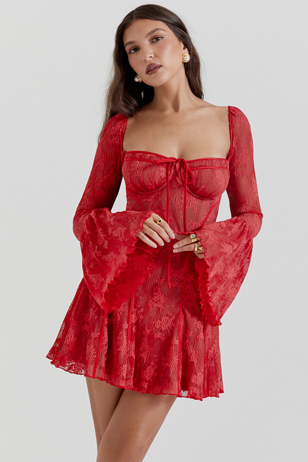 Lace Square Neck Tie Front Flare Sleeve Mini Dress