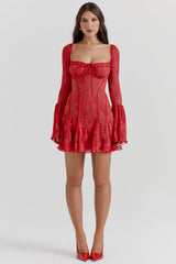 Lace Square Neck Tie Front Flare Sleeve Mini Dress