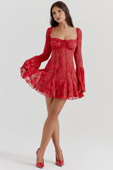 Lace Square Neck Tie Front Flare Sleeve Mini Dress