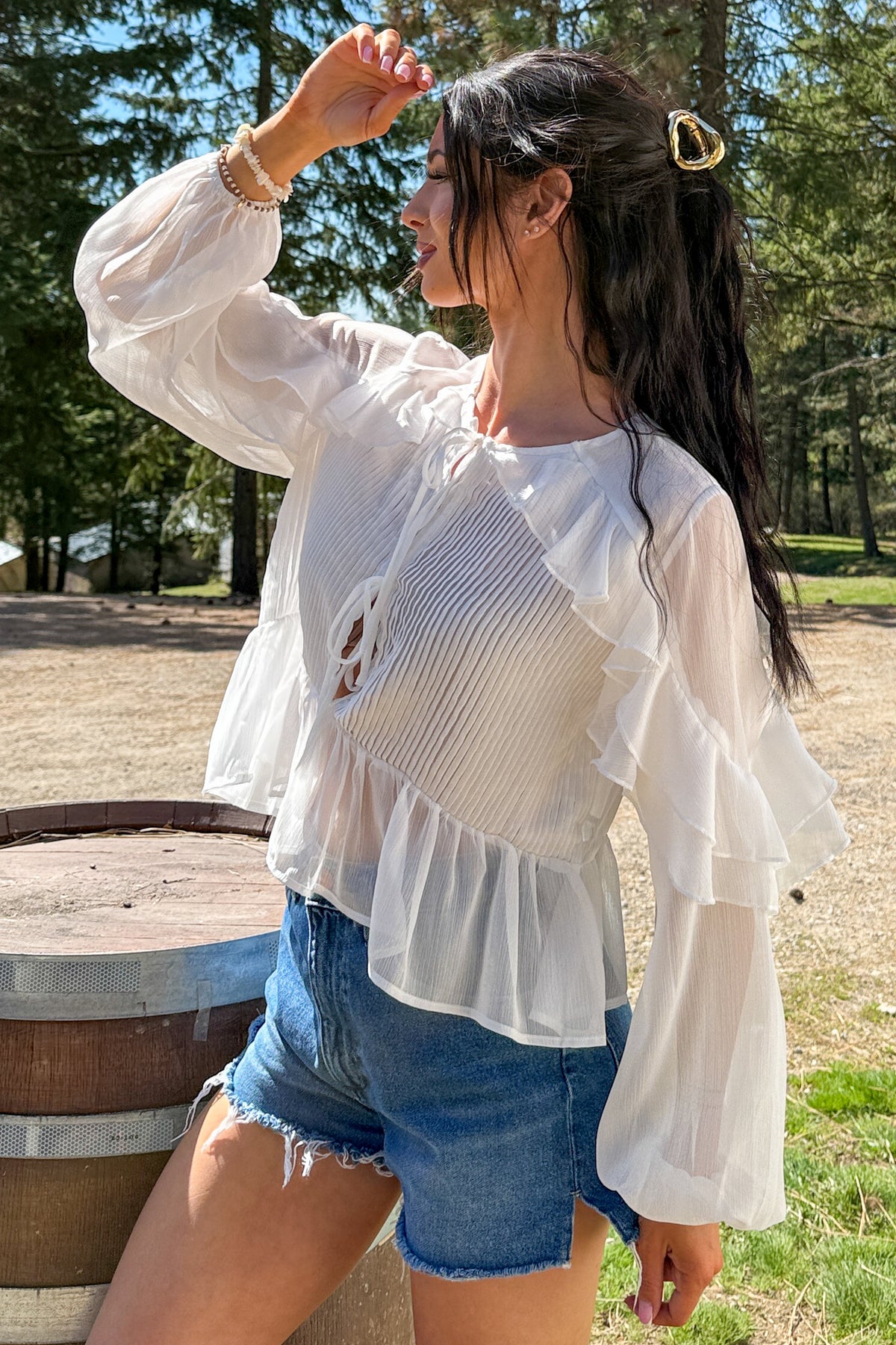 Pretty Mischief Pintuck Open Tie Front Peplum Blouse (Ivory)