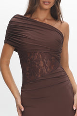 Mallorca Asymmetric Neckline Lace Maxi Dress Chocolate