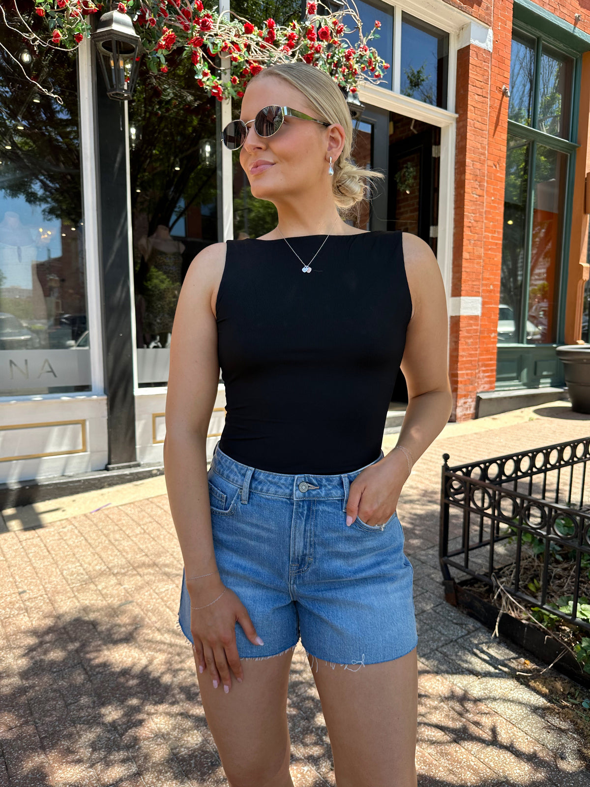 Rae Black Sleeveless Boatneck Bodysuit
