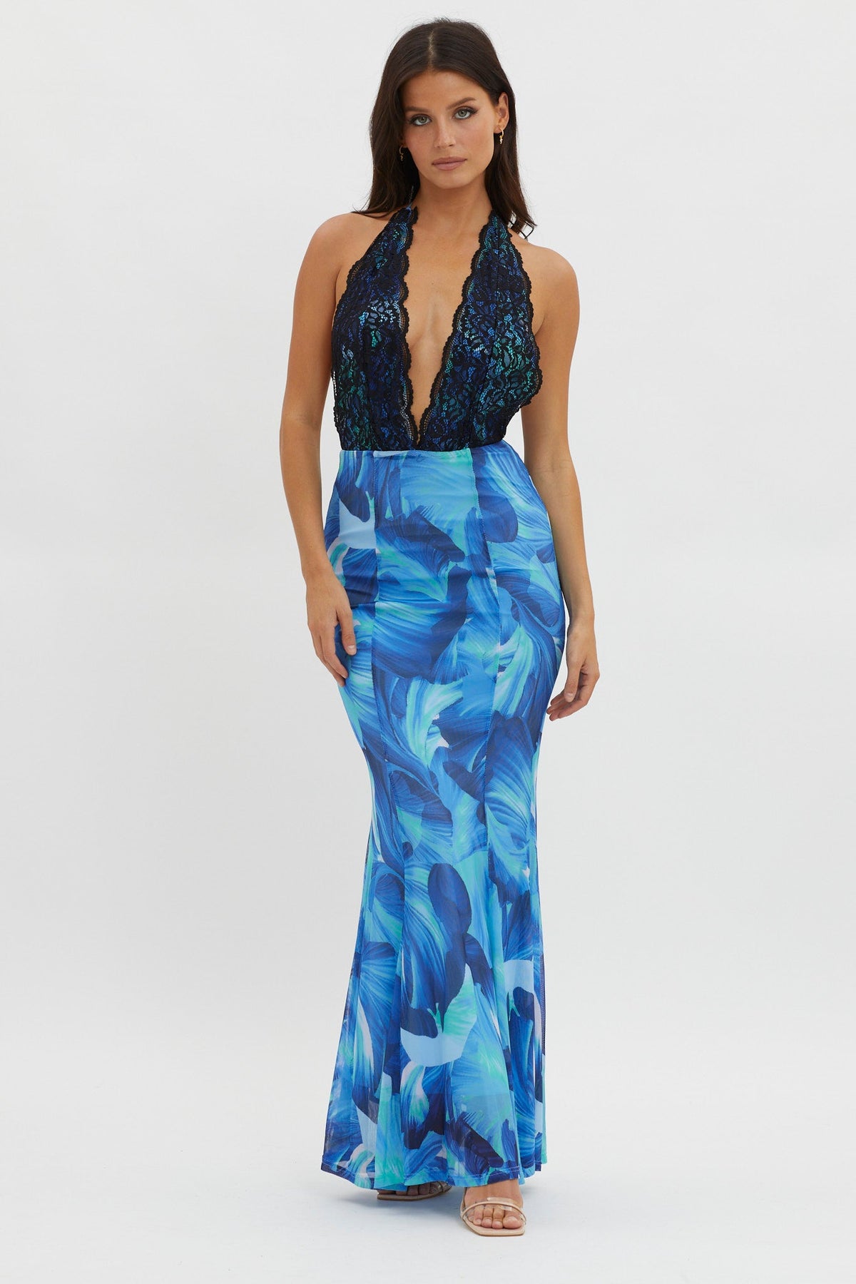 Mayah Lace Halterneck Maxi Dress Abstract Blue
