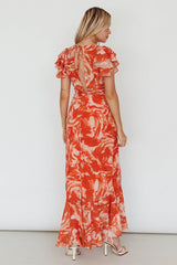 Lydiah Ruffle Sleeve Maxi Dress Floral Orange