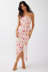 Kindred Soul Ruched Mesh Midi Dress Floral Pink