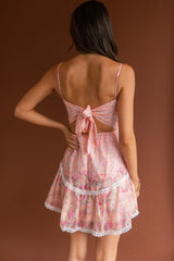 Frolic Lace Trim Tied Back Dress Floral Pink