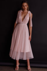 Kathryn Tied Shoulder Mesh Midi Dress Blush