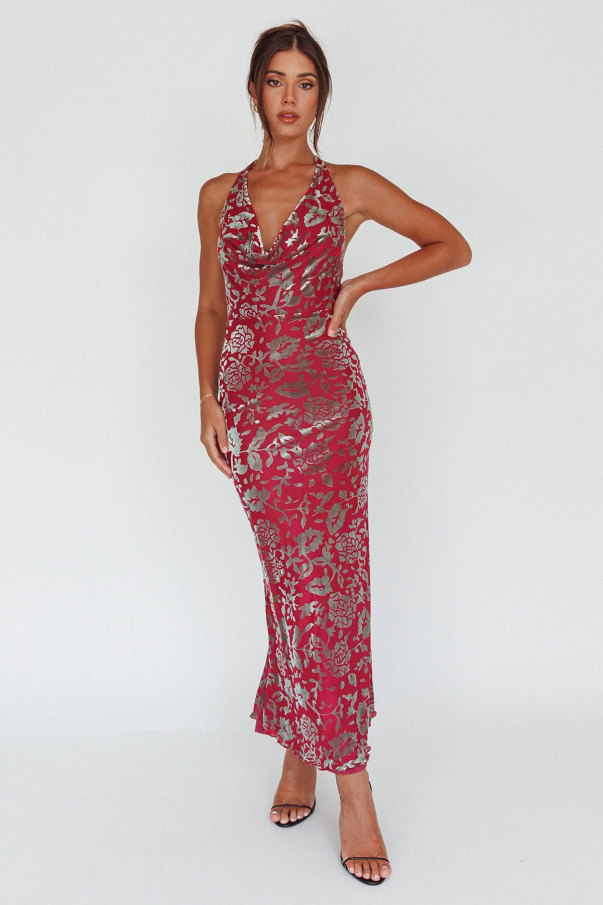 Byzantine Cowl Halterneck Midi Dress Floral Wine
