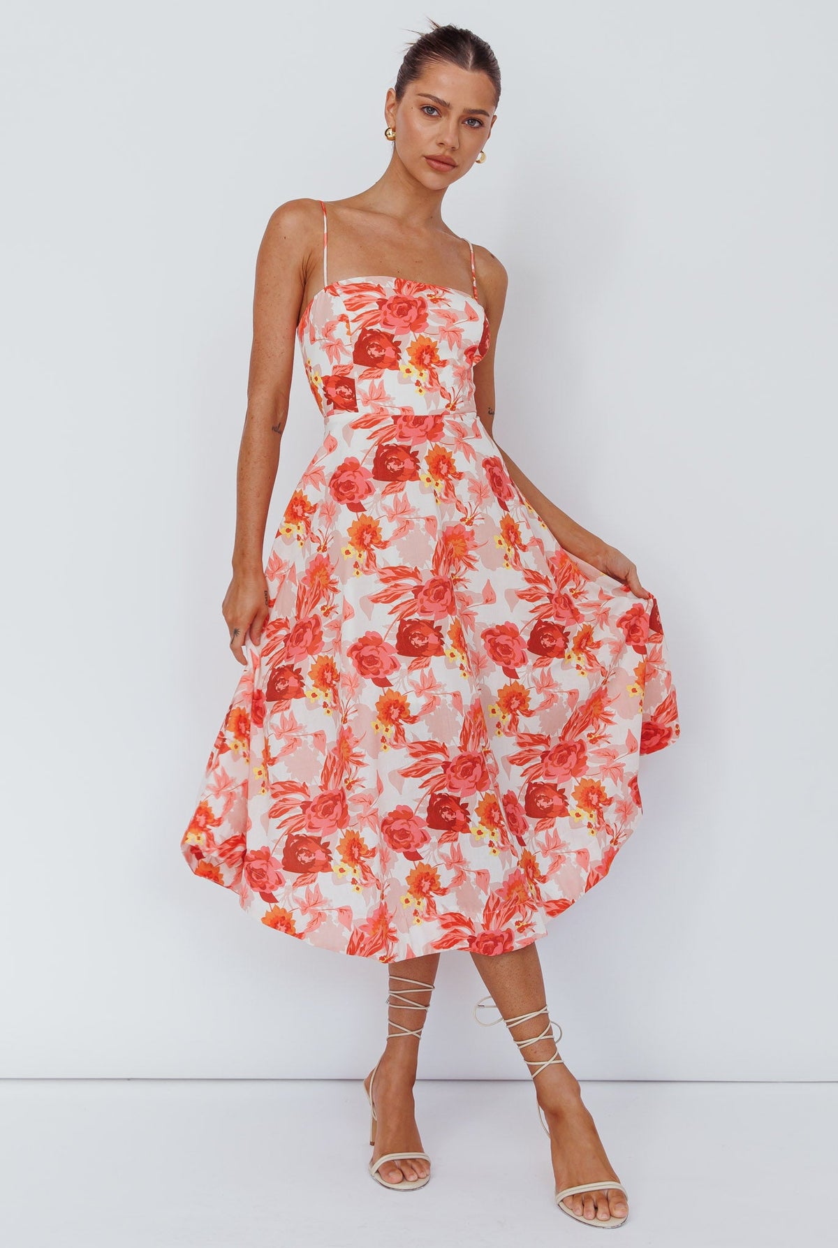 Weekender Spaghetti Strap Midi Dress Floral Peach