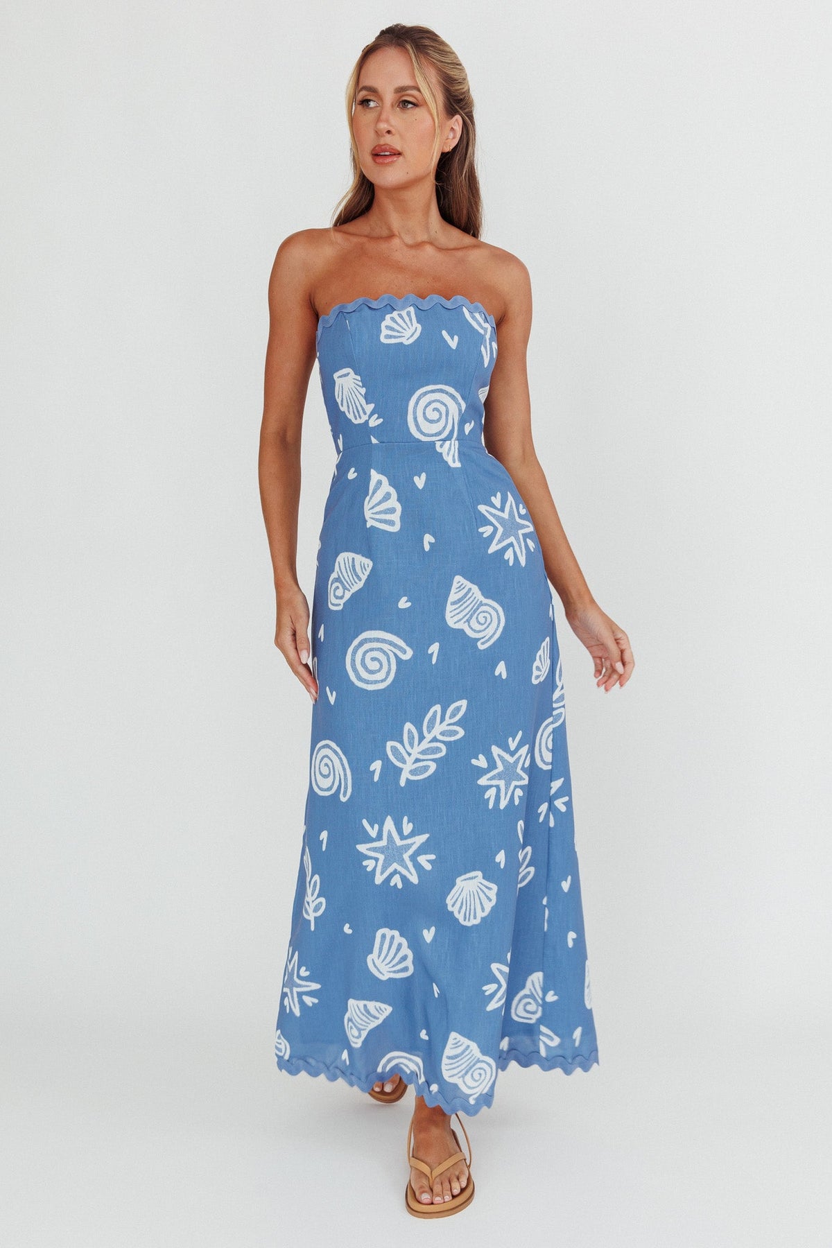 Cypress Ric Rac Trim Strapless Dress Shell Blue