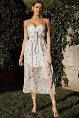 Los Feliz Tied Bust Halterneck Midi Dress Sheer Floral Blue