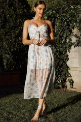 Los Feliz Tied Bust Halterneck Midi Dress Sheer Floral Blue