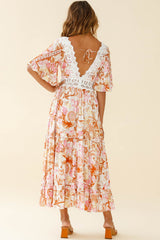Indio Crochet Insert Deep V-Neckline Angel Sleeve Maxi Dress Floral Print Pink