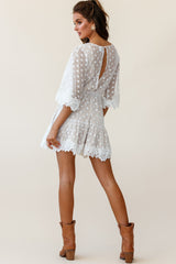 Dream On Flared Sleeve Lace Trim Polka Dot Mesh Dress White