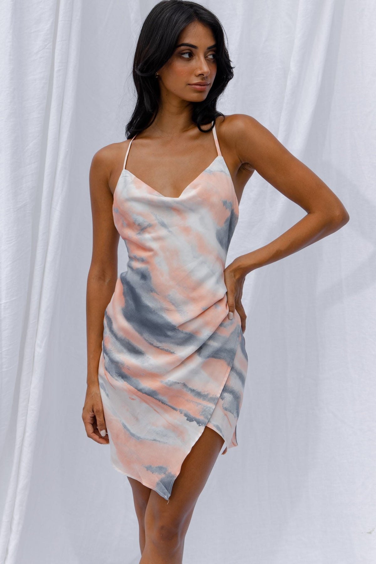 Hey Girl Cowl Neck Wrap Front Mini Dress Tie-Dye Print Multi