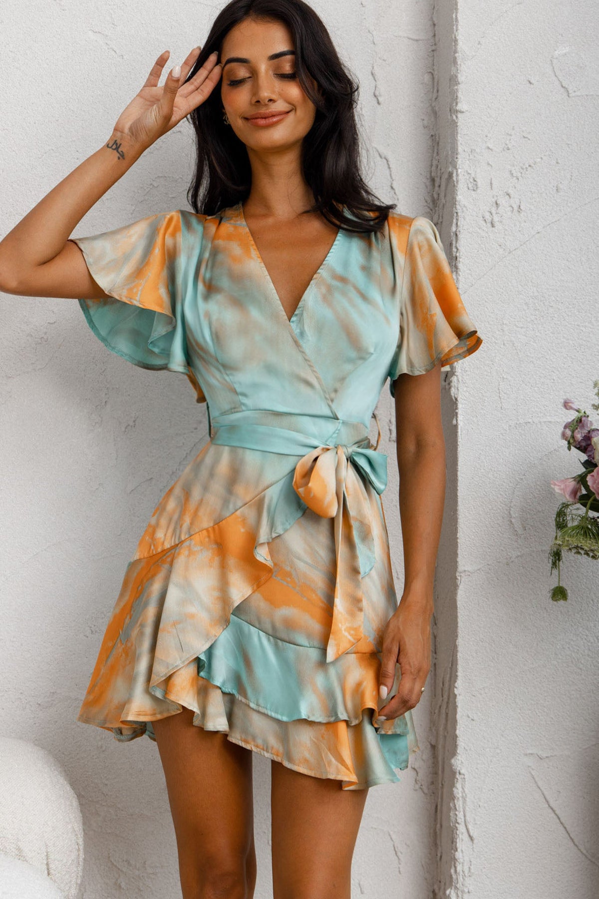 Cami Angel Sleeve Faux Wrap Dress Tie-Dye Print Aqua/Orange