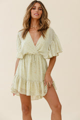 Esme V-Neckline Drawstring Waist Dress Sprinkle Print Lime