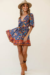 Suva Tie-Knot Bust A-Line Dress Floral Print Navy