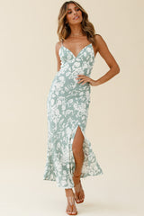 Downtown Cami Strap Front Split Midi Dress Stencil Print Sage