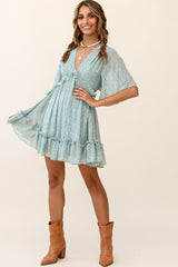 Flissy Angel Sleeve Cut-Out Babydoll Dress Speckle Print Olive