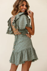 How Romantic Flounce Sleeve Lace-Up Back Dress Floral Embossed Olive
