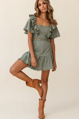 How Romantic Flounce Sleeve Lace-Up Back Dress Floral Embossed Olive