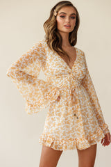 Perri Bell Sleeve Twist Knot Bust Dress Floral Print Yellow