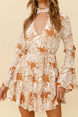 Tamina Long Sleeve Frill Trim Dress Floral Print Tan