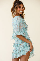 Time Will Tell Angel Sleeve Frill Detail Dress Leaf Print Mint