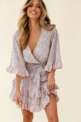 Tulsa 3/4 Sleeve Waist Tie Frill Dress Floral Print Pink