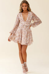 Jessinta Long Sleeve Pintuck Waist Dress Floral Print Nude