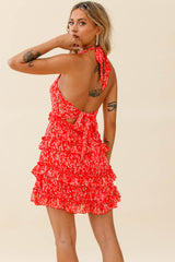 Venezuela Ruffle Trim Tie-Back Halterneck Dress Floral Print Red/White
