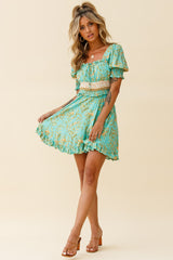 Summer In Paris Puff Sleeve Open Back Dress Botanical Print Mint
