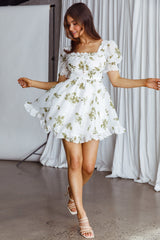 Summer In Paris Puff Sleeve Open Back Dress Floral Olive