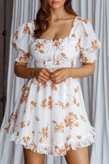 Summer In Paris Puff Sleeve Open Back Dress Floral Tan