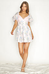 Lovers Lane Lace Trim Puff Sleeve Dress Floral Pink
