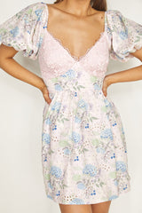 Lovers Lane Lace Trim Puff Sleeve Dress Floral Pink