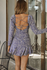 When In Rome Long Sleeve Lace-Up Back Dress Floral Print Lilac