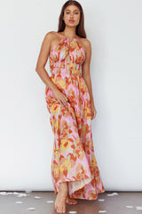 Cyndi Open Back Halterneck Maxi Dress Pink Multi