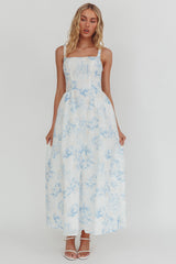 El Corazon Smocked Neckline Maxi Dress Print Blue