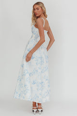 El Corazon Smocked Neckline Maxi Dress Print Blue