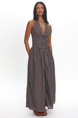 Clarette Basque Waist Open Back Maxi Dress Spotted Chocolate